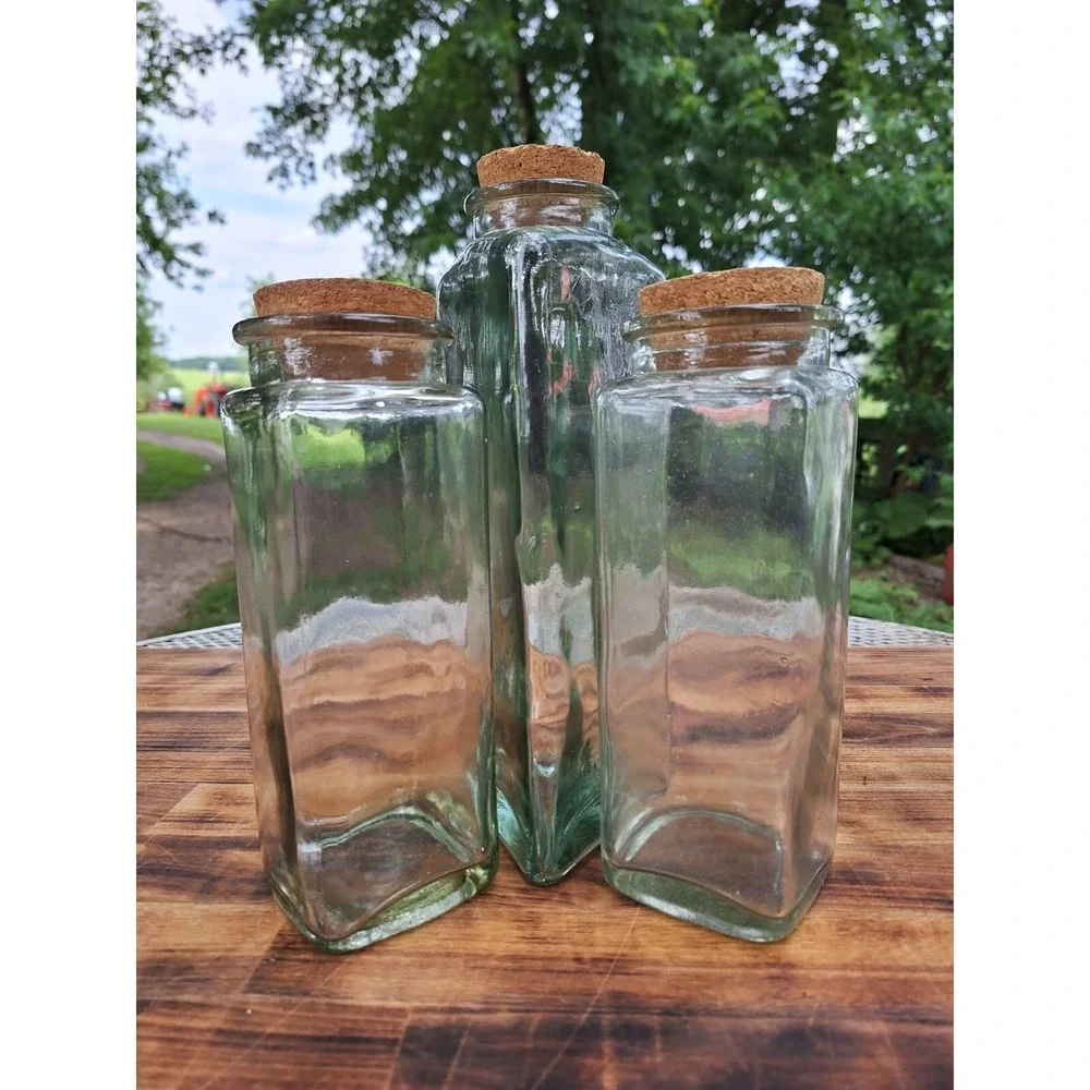 Vintage 1 Triangular 2‎ Square Thick Green Clear Glass Flower Vase Kitchen Jars